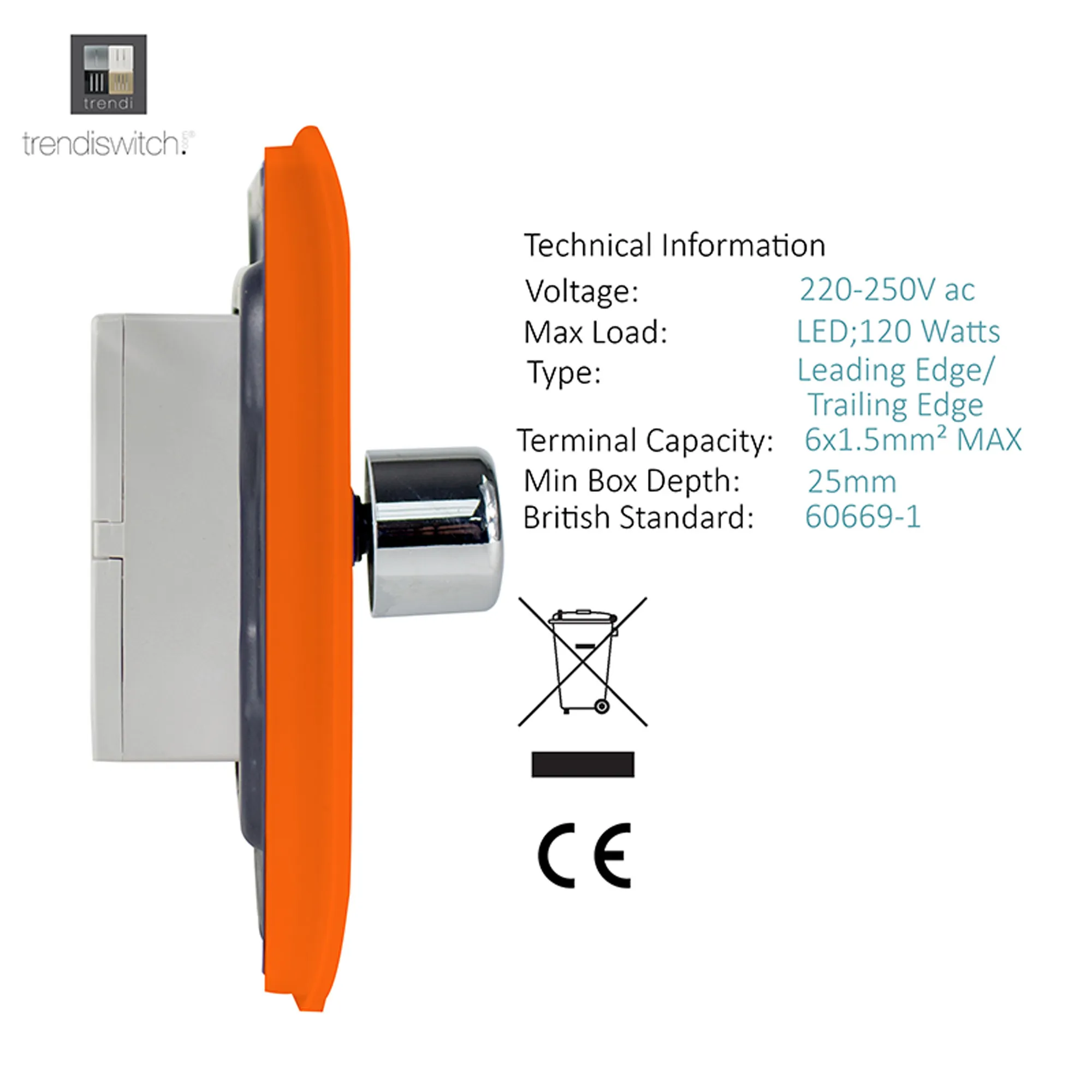 1 Gang 1 Way LED Dimmer Switch Orange ART-LDMOR  Trendi Orange